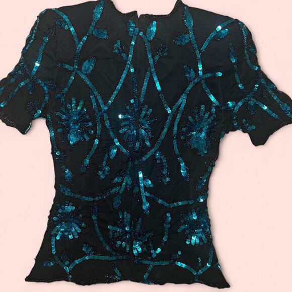 Vtg silk black and blue top - Picture 5 of 6